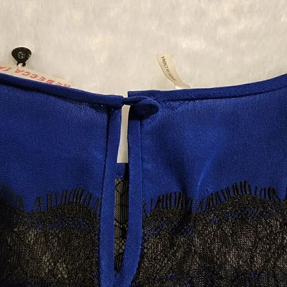 Rebecca Taylor Women Silk Royal Blue with Black Lace Trumpet Sleeve Dress Size 8 - Picture 7 of 12